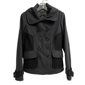 Guess Wool Blend Colorblock Pea Coat Jacket Women M Grey Black Long Sleeve Retro
